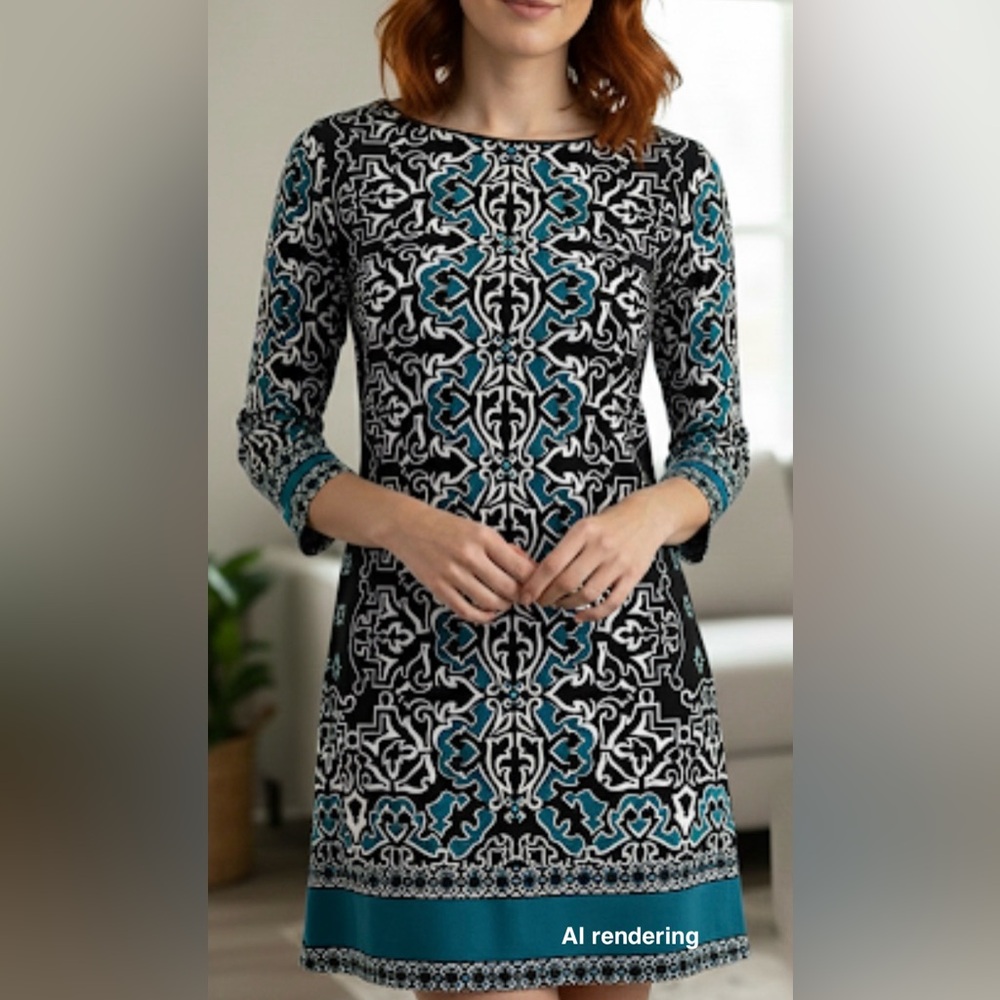 WHITE HOUSE BLACK MARKET Turquoise Black White Print Stretch Knit Dress | Small